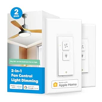 meross Smart Ceiling Fan Control and Dimmer Switch, Supports Apple HomeKit, Alexa, Google & SmartThings, 2.4G Wi-Fi Fan and Light Switch Combo, 4 Fan Speed, Neutral Wire Needed, Single Pole, 2 Pack