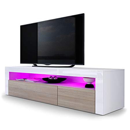 Vladon TV Stand Unit Valencia, Carcass in White matt/Front in Avola-Champagne a frame in White High Gloss