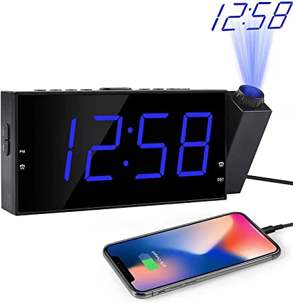 ROCAM Alarm Clock with Projection on Ceiling,Projection Alarm Clock for Bedrooms, Digital Clock Alarm with LED Display & Dimmer, Ceiling Display Clocks Dual Alarm Clock USB Charger