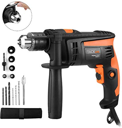 TACKLIFE Hammer Drill, 1/2-Inch Electric Drill, 12 Drill Bit Set, 2800 RPM, Variable-speed Trigger, 360° Rotating Handle, For Brick, Wood, Steel, Masonry - PID01A