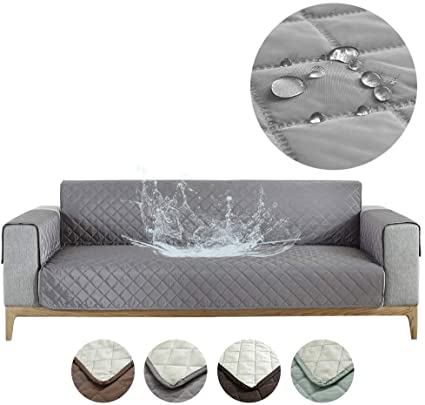Carvapet Sofa Cover Waterproof Sofa Slipcover Water Resistant Chair Loveseat Settee Sofa Couch Furniture Cover Protector with Adjustable Elastic Straps for Dogs Cats (Grey, 2 Seater)