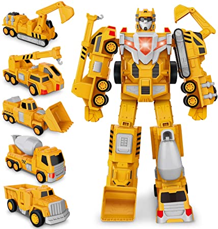 Construction Assemble Toy, Transform Robot Car Toys Truck, Toddler Pull Back Play Vehicles, Dump, Crane, Excavator, Bulldozer, Cars Set for 3 4 5 6 Years Old Boy Girls Kids Xmas Birthday Gift