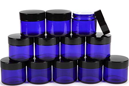 Vivaplex, 12, Cobalt Blue, 2 oz, Round Glass Jars, with Inner Liners and black Lids