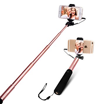 Selfie Stick With Big View Finder,Yarrashop【Battery Free】Wire Control Selfie Sticks for iOS & Android Smartphones, eg iPhone 6 6plus /6s 6s Plus /5s ,Samsung S6/S6 Edge,S7/S7 Edge,S8/S8 Plus and so on(Rose Gold)