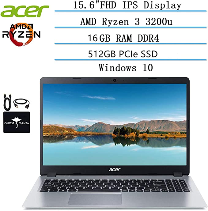 2020 Newest Acer Aspire 5 Slim Laptop 15.6 FHD IPS Display, AMD Ryzen 3 3200u-Dual Core (up to 3.5GHz), Vega 3 Graphics, 16GB RAM DDR4, 512GB PCIe SSD, Windows 10 HDMI, w/Ghost Manta Accessories