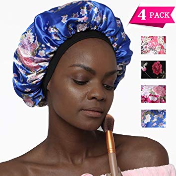 Soft Silk Hair Bonnet with Wide Band, Comfortable Night Sleep Hat Hair Loss Cap (4 Pack)