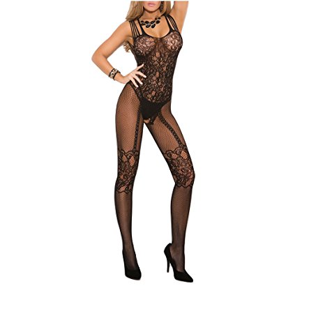 Reignet Women's Sexy Open Crotch Mesh Fishnet Lace Bodystocking Babydoll Lingerie Set