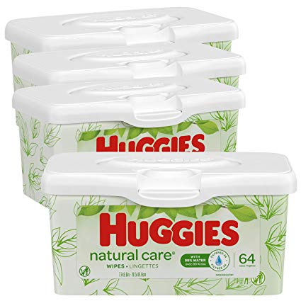 HUGGIES Natural Care Unscented Baby Wipes, Sensitive, 4 Refillable Tubs, 64 Wipes per Tub, 256 Wipes Total