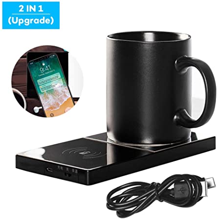 Chriffer Coffee Warmer, Mug Warmer, Electric Beverage Warmer & Qi-Certified Fast Wireless Charger, Constant Temperature 131℉/55℃, 2 IN 1 Heating Mug Cup Warmer Set for Home/Office to Warm Coffee, Tea, Espresso, Milk