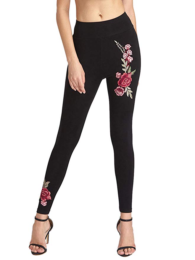 SweatyRocks Women's Embroidered Flower High Waist Skinny Ankle Leggings Pants