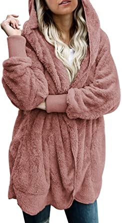 Dokotoo Womens Long Sleeve Solid Fuzzy Fleece Open Front Hooded Cardigans Jacket Coats Outwear with Pocket