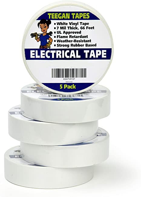 White Electrical Tape - Vinyl Electric Tape (5 Pack) | 7 mil Thick Vinyl Tape 3/4 Inch Wide 66 Foot Long Roll | Strong Rubber Base | Flame Retardant, Temperature & Weather Resistant (White)