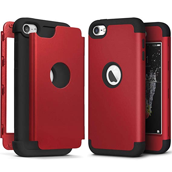 iPod Touch 7 Armor Case with 2 Screen Protector, IDWELL [Three Layer Armor Series] Heavy Duty Protection Shockproof High Impact Protective Anti Slip Anti-Scratch Cover, Red Black