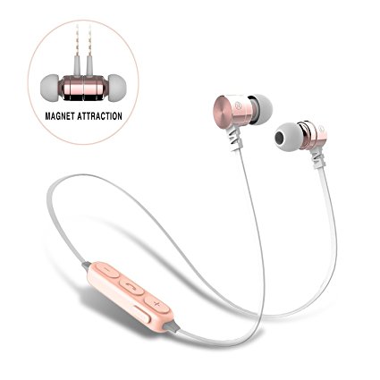Bluetooth Earbuds,Magnet Attraction V4.0 Wireless In-Ear Sports Earphones Headset Headphones Noise Reduction Earbuds Stereo Earphones with Microphone and Volume Control (Pink)