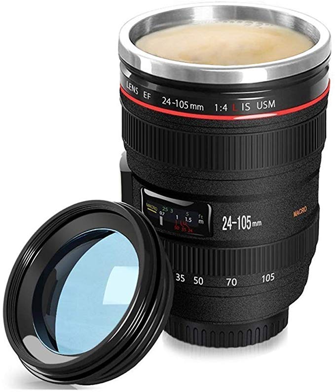 Coffee Mug, Camera Lens Mug, 350ml Stainless Steel Insulated Tumbler with Transparent Lip - 100% Leak Proof