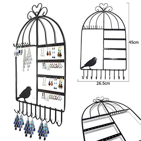 HUSTON LOWELL Birdcage Jewelry Organizer Wall Mount Hanging Earring Necklace Holder Inspired Birdcage Jewelry Organizer Display Stand Rack (Black)
