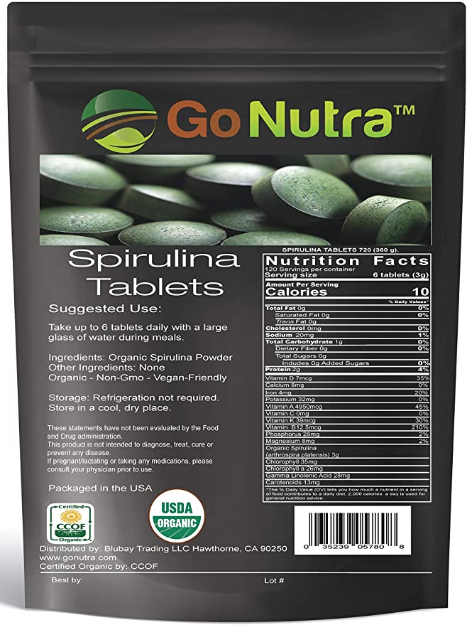 Organic Spirulina Tablets, 3000mg Per Serving, 720 Tablets - Superfoods Rich in Minerals, Vitamins, Chlorophyll, Amino Acids, Fatty Acids, Fiber & Proteins. Non-Irradiated, Non-GMO & Vegan