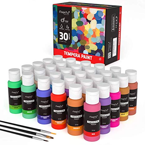 Washable Tempera Paint Set, Magicfly 30 Colors Kids Premium Liquid Tempera Paints Assrtoed Colors with Fluorescent Glitter Metallic & Neon Colors for Arts, Crafts and More(2 oz Each)