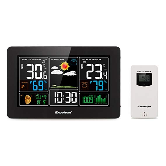 Excelvan Digital Wireless Weather Station with Large LCD Color Display, Barometer for Weather Forecast with Indoor and Outdoor Sensor, Temperature Humidity Monitor, Alarm Clock, Black