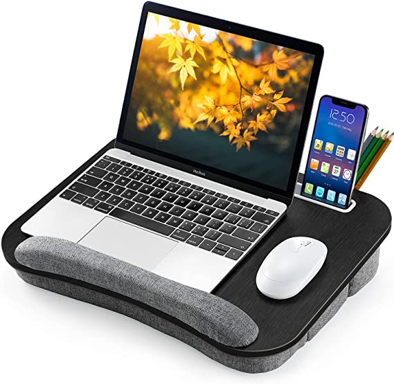 Lap Desk Height Adjustable - Fits up to 15.6 inch Laptop, Ohuhu Portable Wood Lap Laptop Desk with Soft Pillow Cushion, Anti-Slip Strip & Storage for Notebook, MacBook, Tablet Laptop Stand, Black