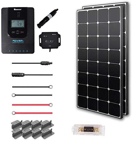 Renogy 200 Watt 12 Volt Off Grid Solar Premium Kit with Eclipse Solar Panel and 20A MPPT Rover Controller/Mounting Z Brackets/MC4 Adaptor Kit/Tray Cables Fuse set /MC4 fuse