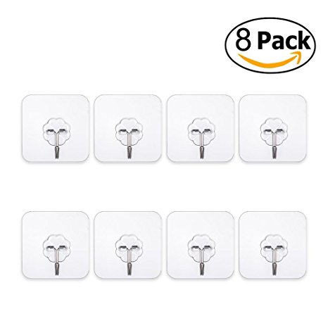 Bekahizar 8pcs Adhesive Hooks 22lbs Heavy Duty Transparent Wall Hooks Nail Free No Scratch Waterproof Reusable Seamless Sticky Hook for Bathroom Kitchen Wall Door Ceiling and More