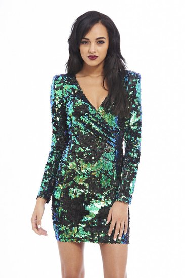 AX Paris Women's Colored Long Sleeve Wrap Front Sequin Covered Blue Bodycon