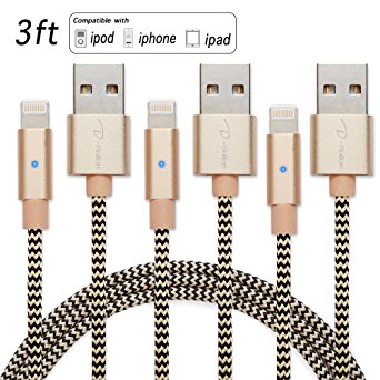 IPhone charger cable, I-Bollon 3 PACK 3ft Nylon Braided 8 pin lighting to USB Cable with lighting breathing LED indictor powerline for iPhone 5 / 5C / 5S /6S/ 6S PLUS/7/7 PLUS, iPad Air,and more(Gold)