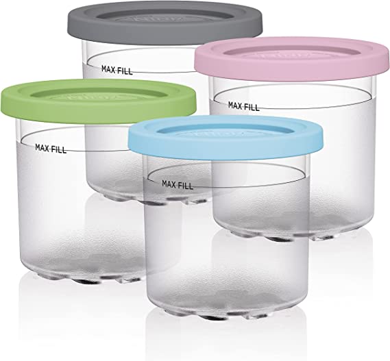 Ninja XSKPLD4BCD Pints 4 Pack, Compatible with NC299AMZ & NC300s Series Creami Ice Cream Makers, BPA-Free & Dishwasher Safe, Color Lids, 1, Clear/Grey/Lime/Pink/Acqua