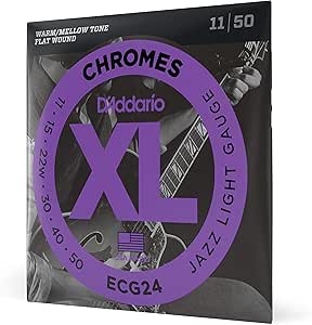 D'Addario Guitar Strings - XL Chromes Electric Guitar Strings - Flat Wound - Polished Ultra-Smooth Feel And Warm, Mellow Tone - ECG24 - Jazz Light, 11-50, 1-Pack