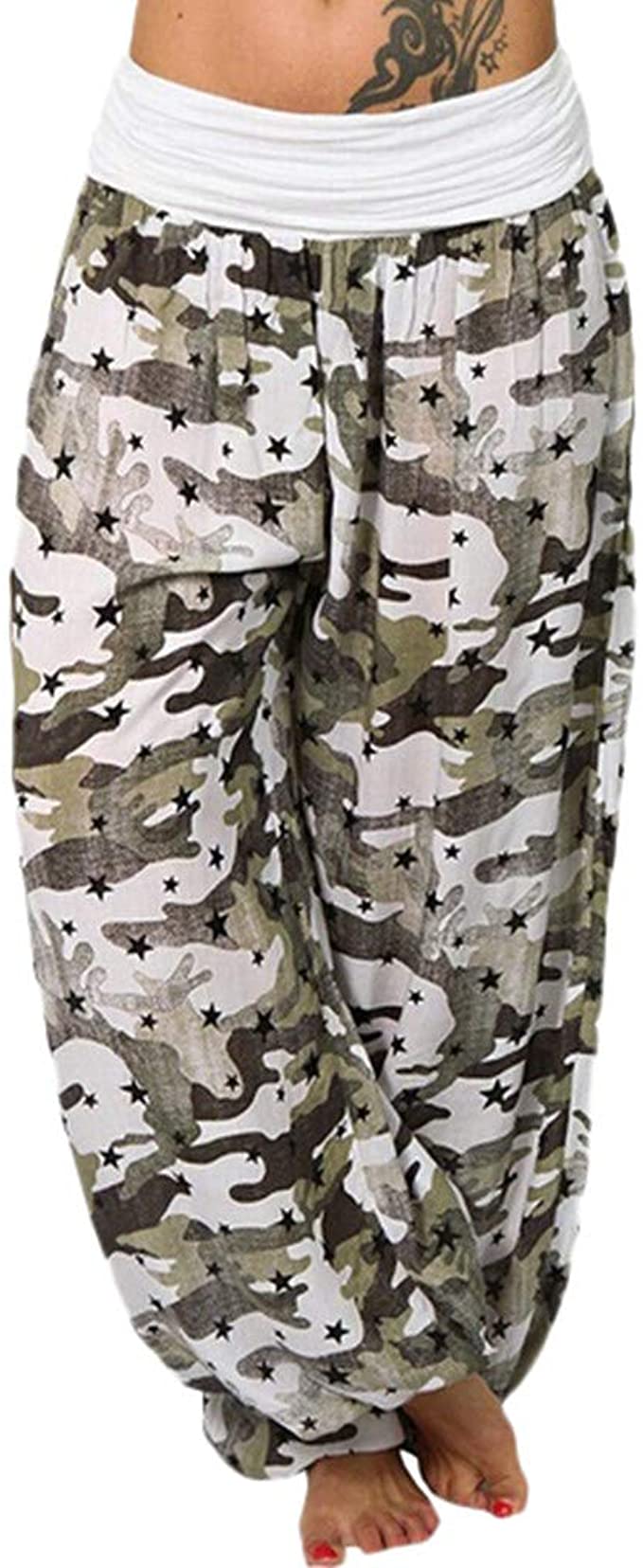 SERYU Women Casual Camouflage Print Pants Wide Leg Pants Loose Pocket Harem Pants