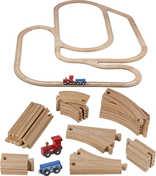 Play22 Wooden Train Tracks - 52 PCS Wooden Train Set   2 Bonus Toy Trains - Train Sets for Kids - Car Train Toys is Compatible with Thomas Wooden Railway Systems and All Major Brands - Original