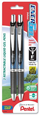 Pentel EnerGel Deluxe RTX Retractable Liquid Gel Pen, 0.5mm, Needle Tip, Black Ink, 2 Pack (BLN75BP2A)