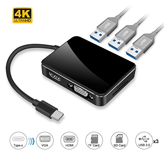 USB Type C Hub Adapter 7 in 1, USB C to HDMI 4K VGA Cable,USB 3.0 Port,SD/TF Card Reader, Multilport Convertor for 2016 2017 MacBook Pro/Samsung Galaxy S8/S8 /Dell&nbsp;XPS/Chromebook&nbsp;Pixel,Plug and Play