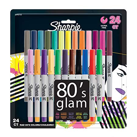 Sharpie Permanent Markers, Ultra-Fine Point, 80s Glam Colors, 24 Pack