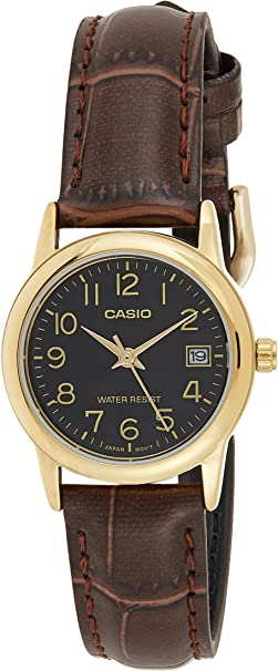 Casio #LTP-V002GL-1B Women's Gold Tone Leather Band Easy Reader Dial Date Watch