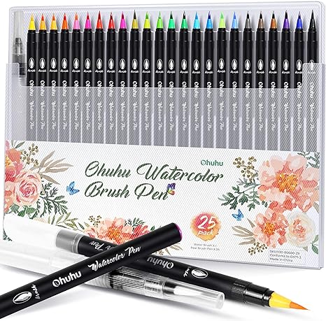 Ohuhu Watercolor Brush Markers Pen Set of 24, Water Based Drawing Marker Brushes W/A Water Coloring Brush, Water Soluble for Adult Coloring Books Comic Calligraphy