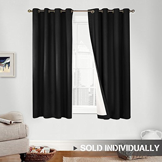 Lined Thermal Blackout Curtains, 63 Inches Long Light Blocking Panels for Bedroom, Black, Grommet Top, Single Panel