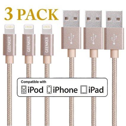 iPhone Charger, GEENKER 3Pack 3ft Lightning Cable 8pin Durable Nylon Braided USB Cable Syncing and Charging Cord for iPhone 6/6s/6 plus/6s plus, 5c/5s/5, iPad Air/Mini,iPod Nano/Touch(Gold)