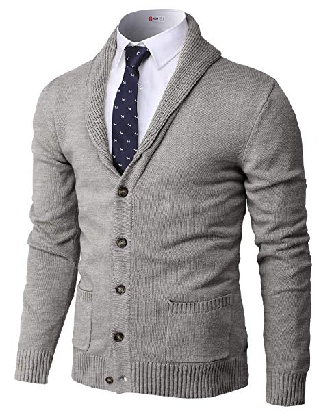 H2H Mens Casual Comfortable Fit Cardigan Sweater Shawl Collar Soft Fabric with Ribbing Edge