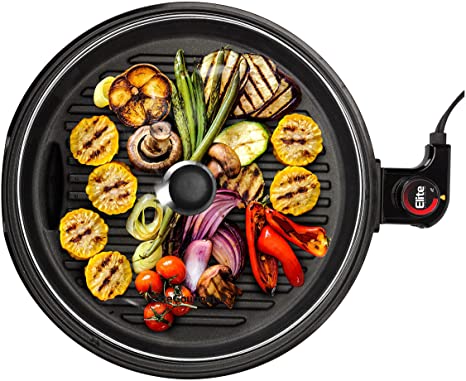 Elite Gourmet EMG6505G# Smokeless Indoor Electric BBQ Grill w/ Glass Lid, Dishwasher Safe, PFOA-Free Nonstick, Adjustable Temp, Fast Heat Up, Low-Fat Meals Easy to Clean, 12 Inch, Stainless