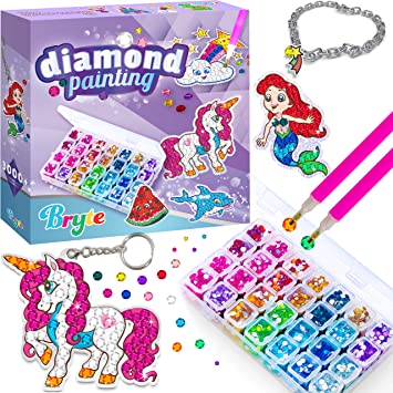 Bryte Gem Art Diamond Painting Kits for Kids with Storage Case, Jewelry, Keychains, Stickers and More - Craft Kit with Unicorn and Mermaid - Arts and Crafts for Girls & Boys - Toys and Gifts All Ages