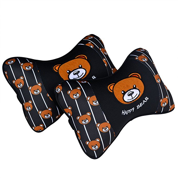 Tianmei 2PCS Happy Bear Cartoon Styling Car Headrest Protect Neck Pillow Cartoon Travel Rest Pillow Cushion Pad (Happy Bear - Black Color 1 Pair)