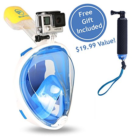 Full Face Dry Top Snorkel Mask by BlueFish, With Bonus Waterproof Floating Hand Grip for GoPro, 180 Panoramic View, With Anti-Fog Anti-Leaking Technology