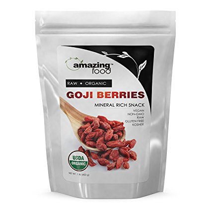 Amazing Food USDA Certified Organic Goji Berries 1 lbs (453 g) Vegan Non- GMO Raw Gluten Free Kosher