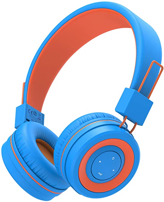 iClever BTH02 Kids Headphones, Kids Bluetooth Headphones with MIC, 22H Playtime, Bluetooth 5.0 & Stereo Sound, Foldable, Adjustable Headband, Childrens Headphones for iPad Tablet Home School, Blue/Orange