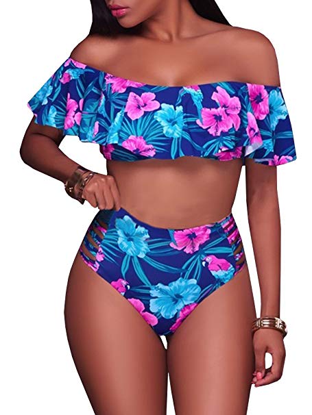 Modershe Womens Ruffle Off Shoulder 2 Piece Swimsuits High Waist Cut Out Floral Print Bikini Set