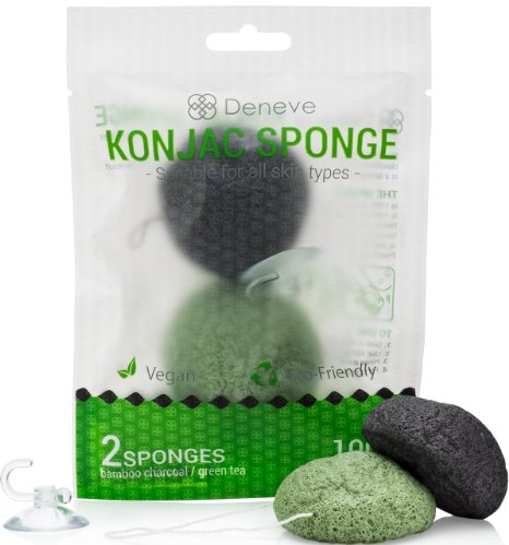 Green Tea Natural Charcoal Konjac Sponge By Deneve - Cruelty Free Vegan Exfoliating Facial Body Skin Sponge, Face Exfoliate for Acne, Dry Eczema Cleansing