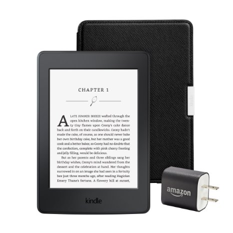Kindle Paperwhite Essentials Bundle including Kindle Paperwhite 6" E-Reader, Black with Special Offers, Amazon Leather Cover - Onyx Black, and Power Adapter