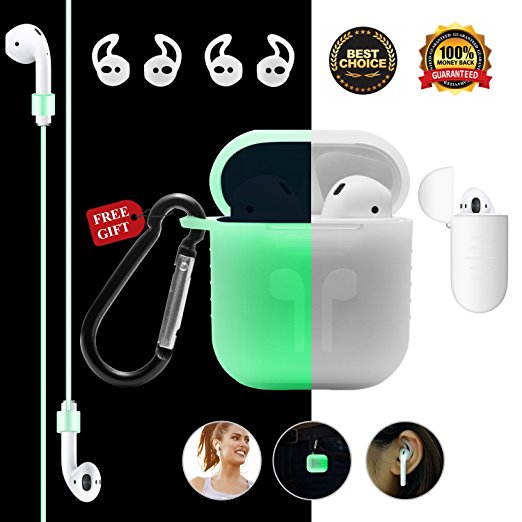 AirPod Case for Apple Airpods Accessories Air pod Charge Case with Airpods Anti-lost Strap and Earhooks keychain Carabiner Silicone Protective for Apple Airpod Covers [Night-glow Green]
